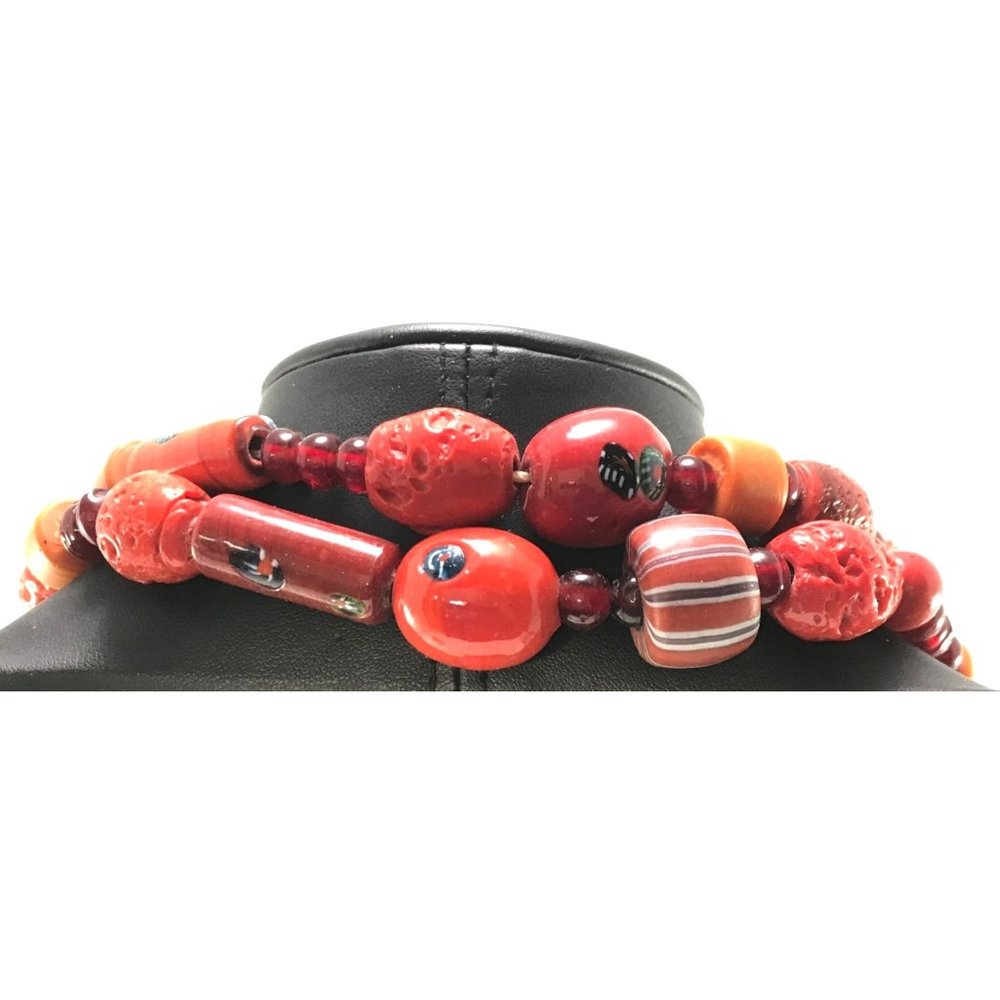 Brick Red Assorted Antique African Trade Bead Necklace 38" 77 Beads Shapes Sizes - Picture 4 of 5